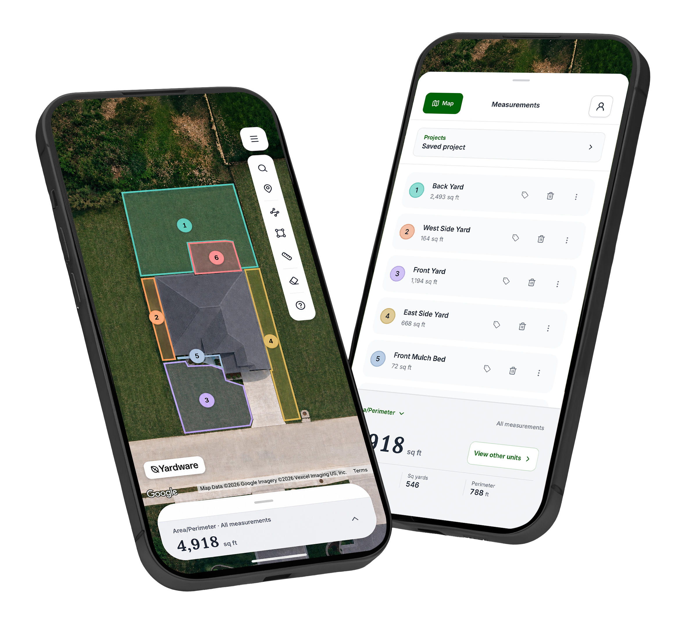 Two phones showing a satellite lawn map with color-coded yard areas and a measurements list totaling 4,918 square feet.